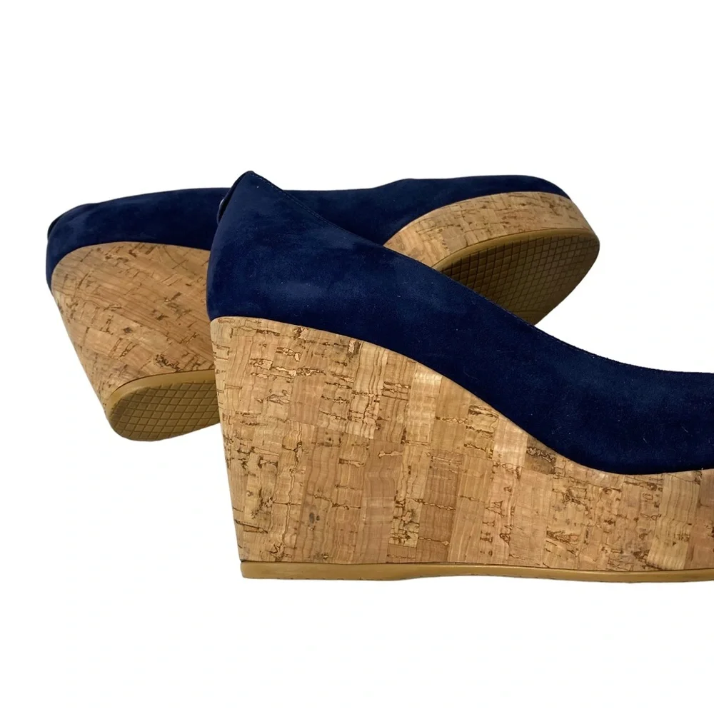 Stuart Weitzman Navy Suede Cork Wedge Pumps - Picture 10 of 11